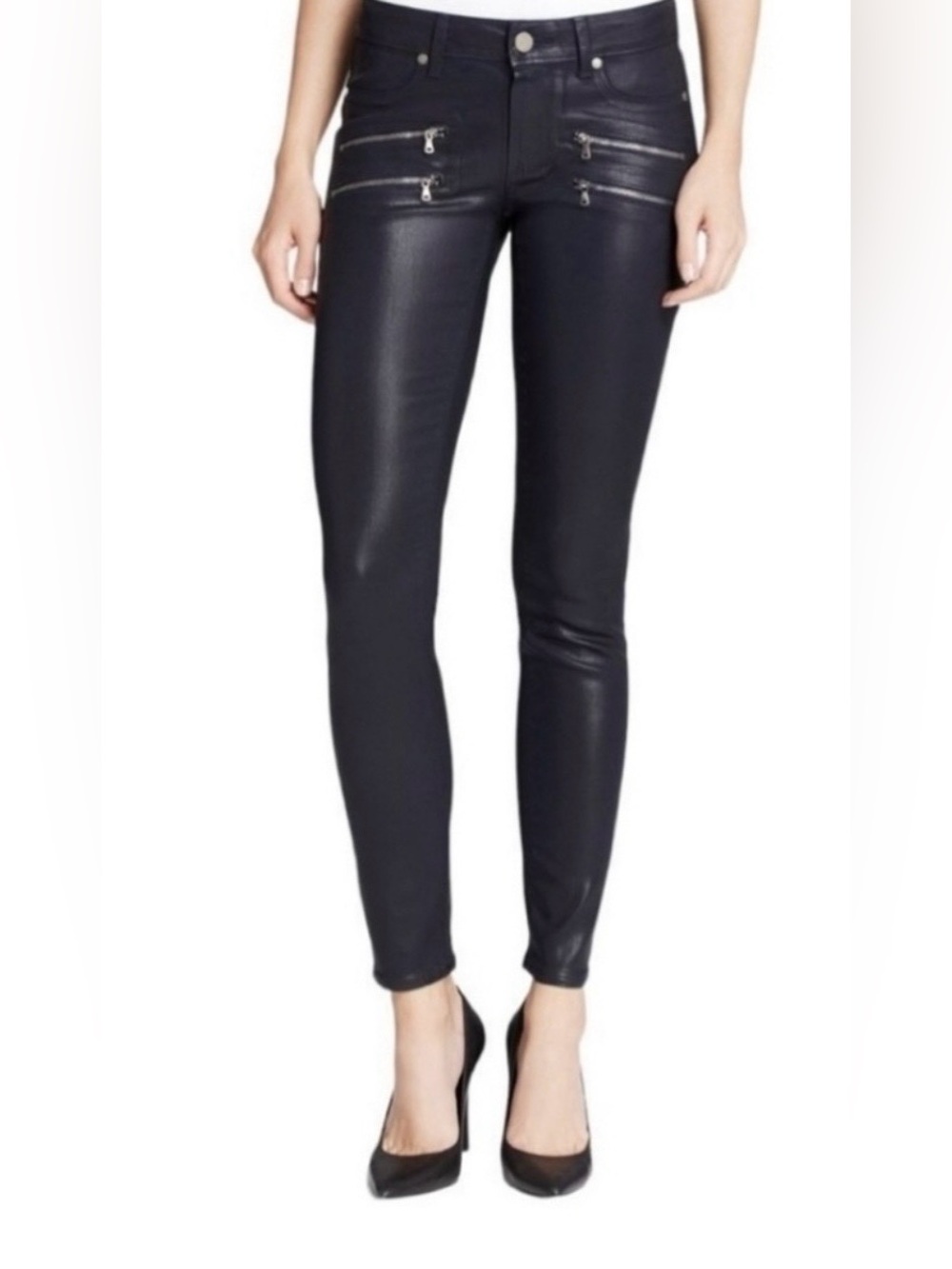 PAIGE Black Coated Moto Skinny Jeans Front Zip- Size 27